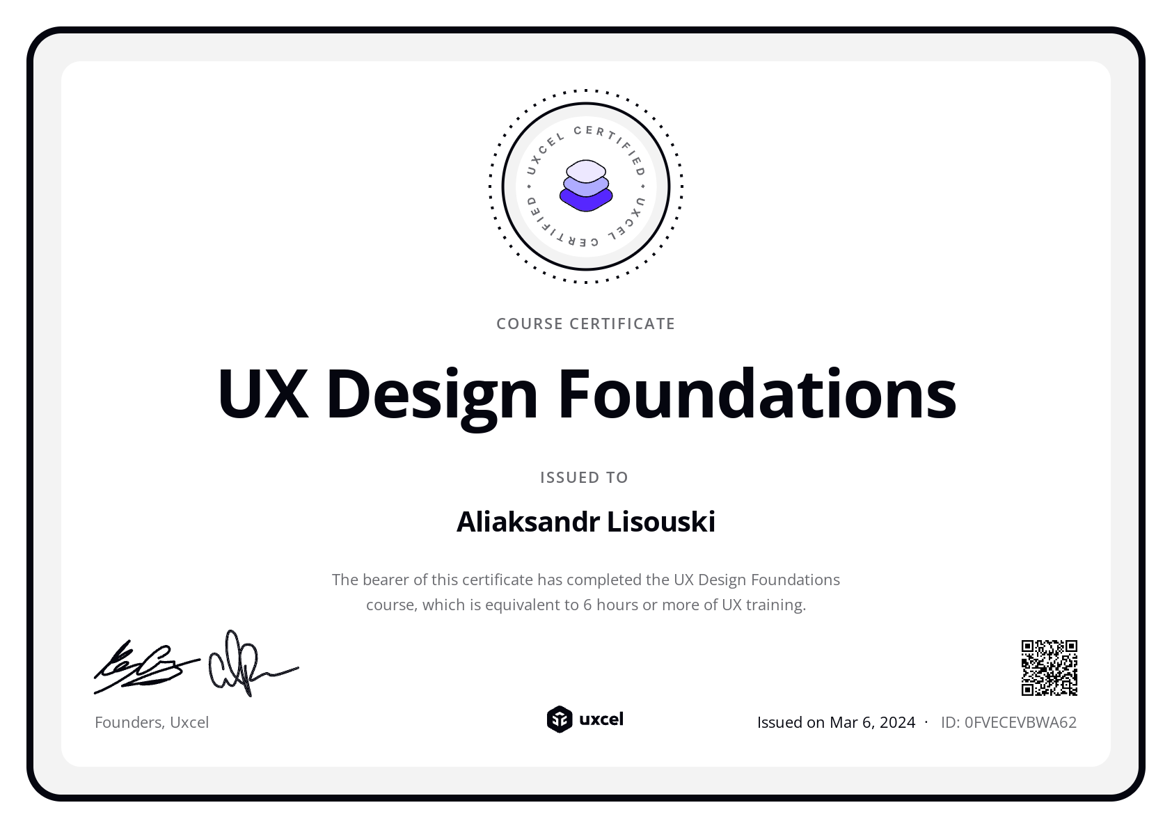Aliaksandr Lisouski's certificate